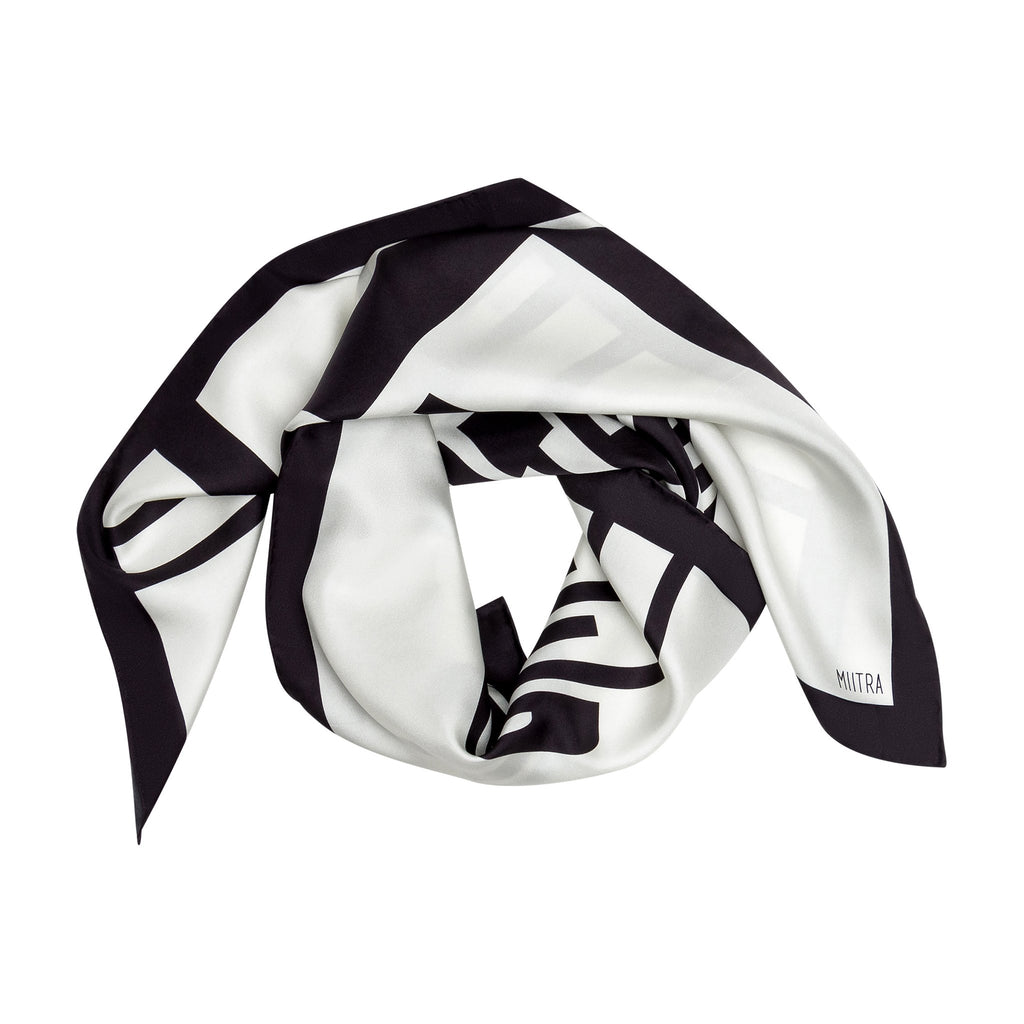 Liberation Silk Scarf - ivory and black scarf styled on white background